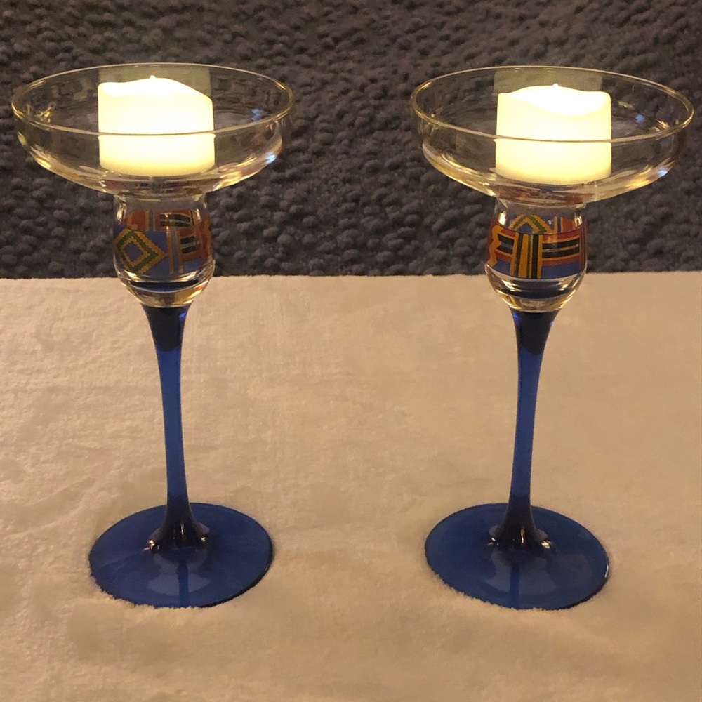 Black History Month KWANZAA; Avon Luminarc Kente Candle Holders; Blue Gold Red